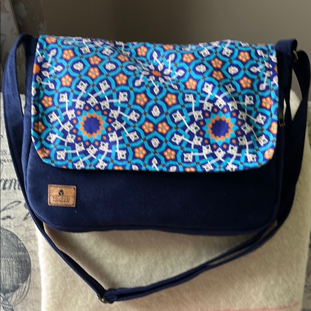 Navy Blue Patterned Flap Crossbody Bag - Unbranded